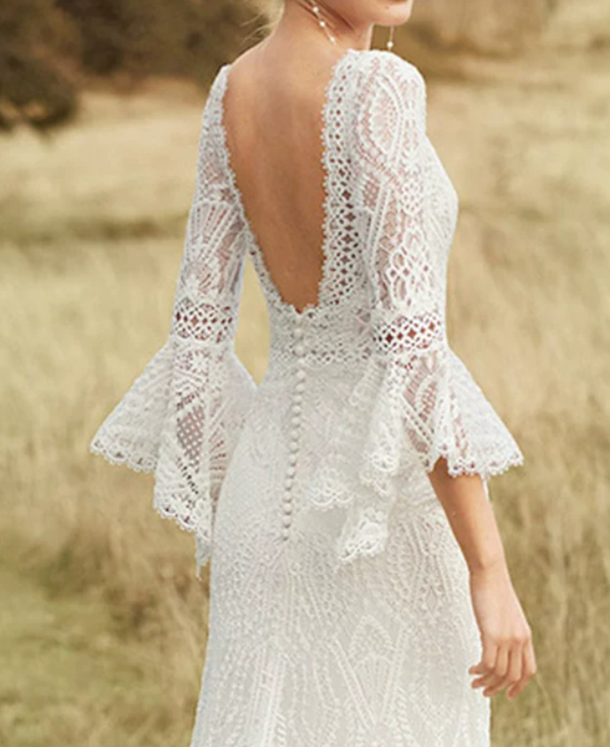 Classical Jewel Neck Backless Wedding Dresses Long Sleeve Lace A-Line Bridal Dress C9875
