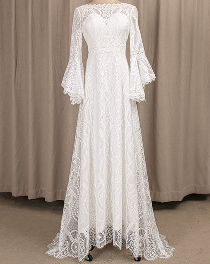 Classical Jewel Neck Backless Wedding Dresses Long Sleeve Lace A-Line Bridal Dress C9875