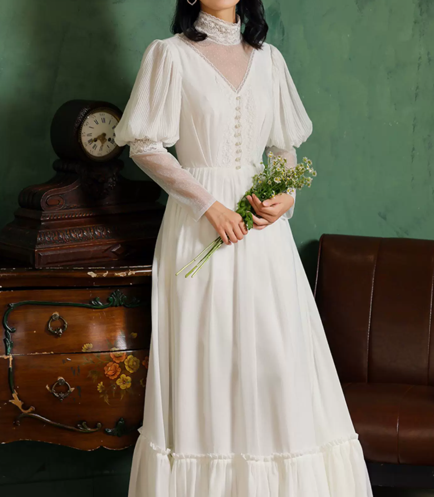 Romantic High Collar Lace Wedding Dresses Long Sleeve A-Line Bridal Dress C9877