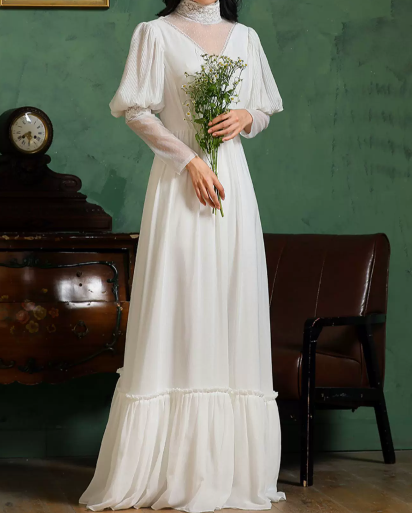 Romantic High Collar Lace Wedding Dresses Long Sleeve A-Line Bridal Dress C9877