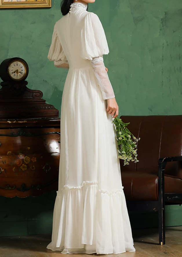 Romantic High Collar Lace Wedding Dresses Long Sleeve A-Line Bridal Dress C9877