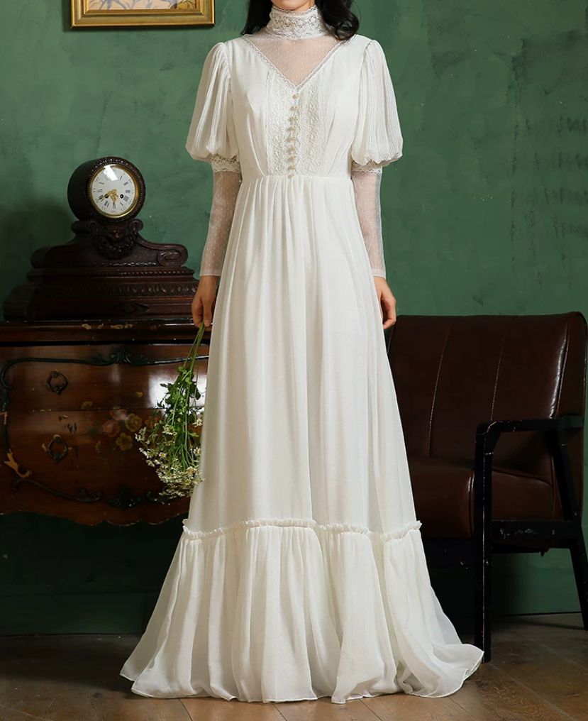 Romantic High Collar Lace Wedding Dresses Long Sleeve A-Line Bridal Dress C9877