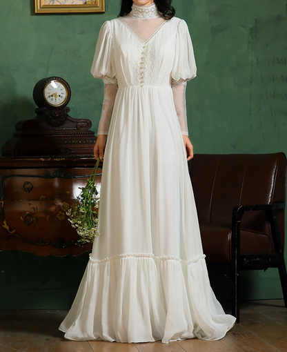 Romantic High Collar Lace Wedding Dresses Long Sleeve A-Line Bridal Dress C9877