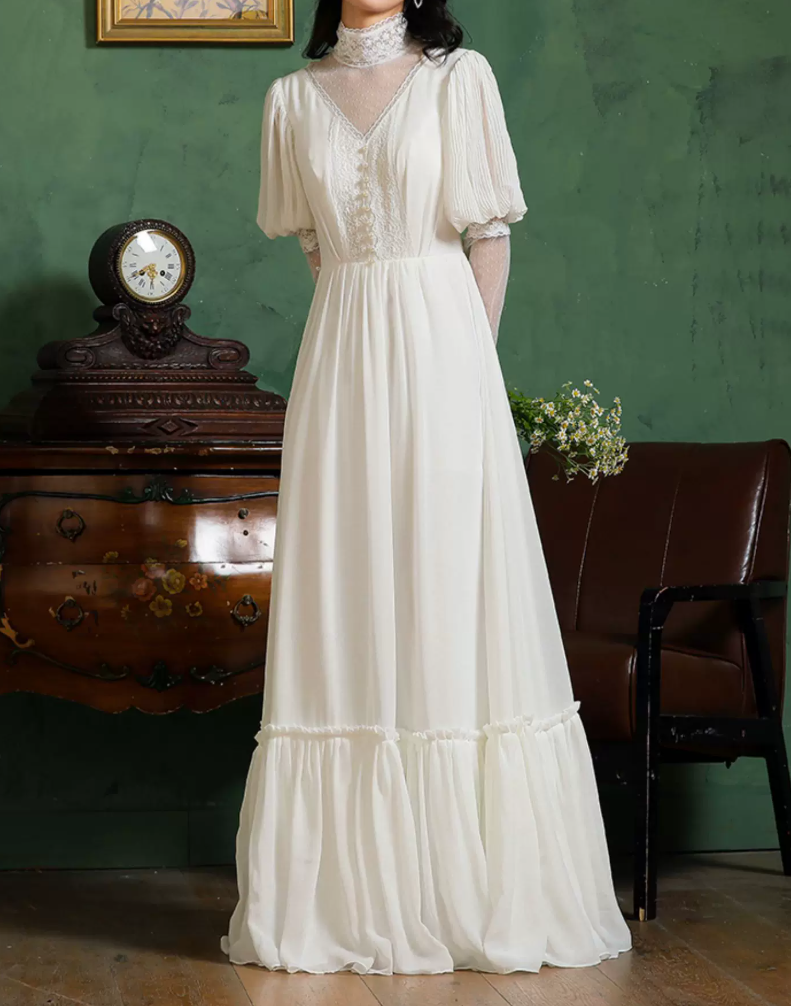 Romantic High Collar Lace Wedding Dresses Long Sleeve A-Line Bridal Dress C9877