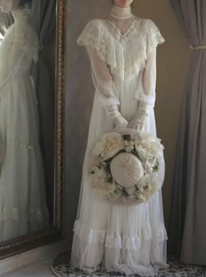 Sleek High Collar Lace Wedding Dresses Long Sleeve A-Line Bridal Dress C9881