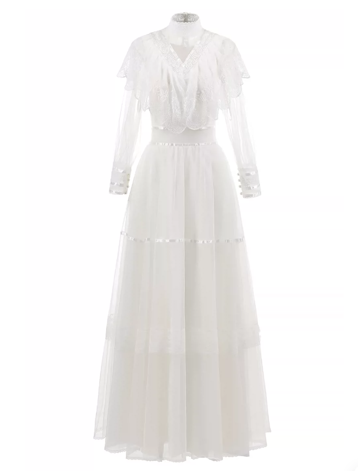 Sleek High Collar Lace Wedding Dresses Long Sleeve A-Line Bridal Dress C9881