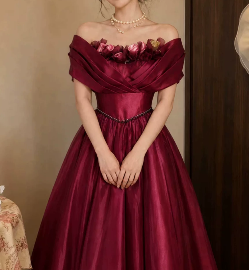 Attractive Off-Shoulder Prom Dress Red Appliques A-Line Evening Dress C9882