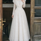 Graceful Square Neck Lace Prom Dress Long Sleeve A-Line Evening Dress C9883
