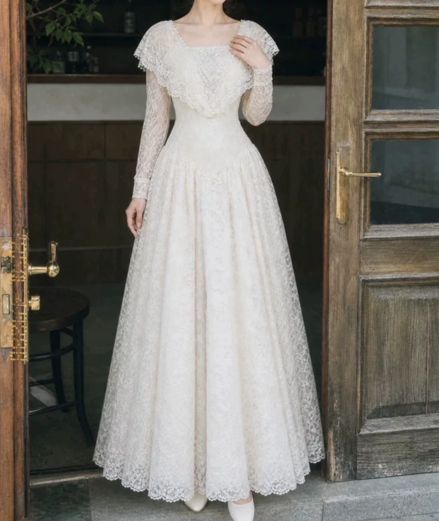 Graceful Square Neck Lace Prom Dress Long Sleeve A-Line Evening Dress C9883