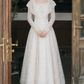 Graceful Square Neck Lace Prom Dress Long Sleeve A-Line Evening Dress C9883
