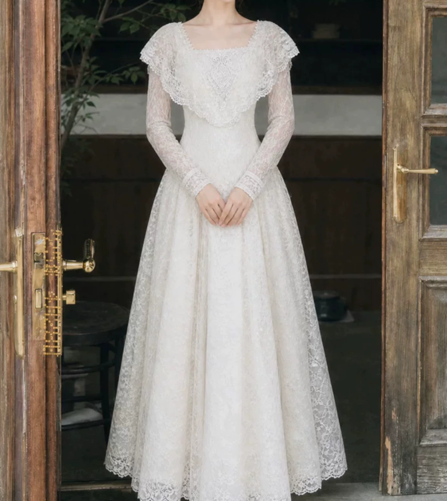 Graceful Square Neck Lace Prom Dress Long Sleeve A-Line Evening Dress C9883