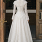 Graceful Square Neck Lace Prom Dress Long Sleeve A-Line Evening Dress C9883