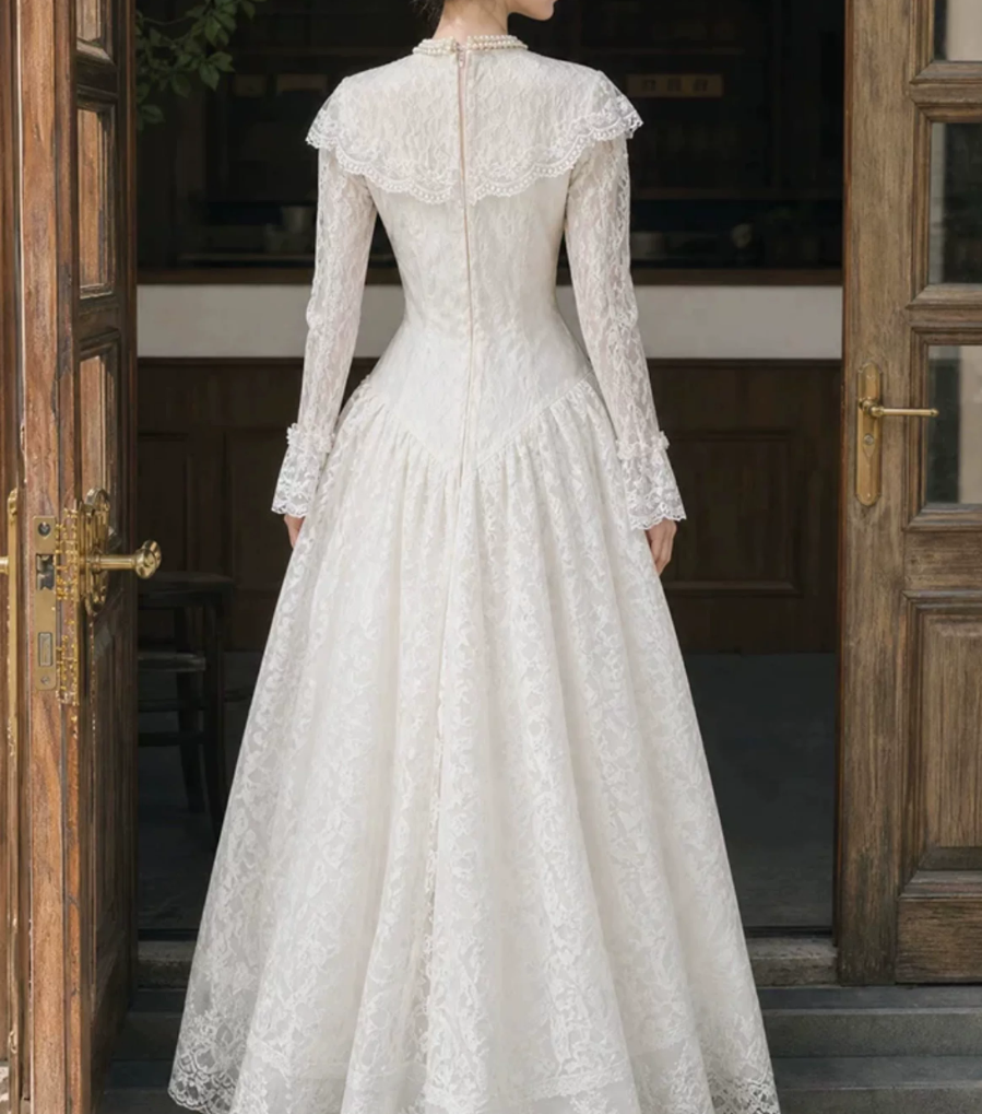 Graceful Square Neck Lace Prom Dress Long Sleeve A-Line Evening Dress C9883