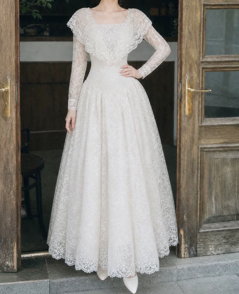Graceful Square Neck Lace Prom Dress Long Sleeve A-Line Evening Dress C9883