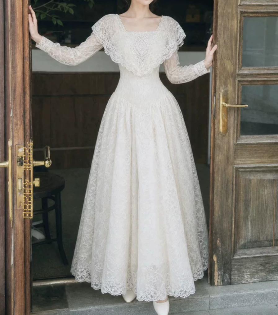 Graceful Square Neck Lace Prom Dress Long Sleeve A-Line Evening Dress C9883