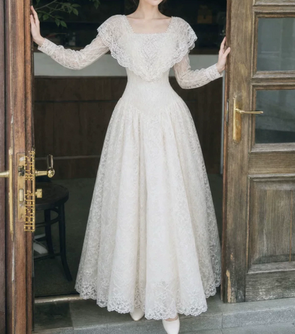 Graceful Square Neck Lace Prom Dress Long Sleeve A-Line Evening Dress C9883