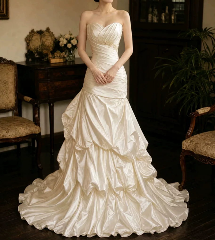 Robe de bal de princesse bustier à volants en satin long, robe de soirée C8117