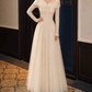 Lovely V Neck Lace Prom Dress Long Sleeve Tulle A-Line Evening Dress C9885
