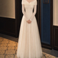 Lovely V Neck Lace Prom Dress Long Sleeve Tulle A-Line Evening Dress C9885