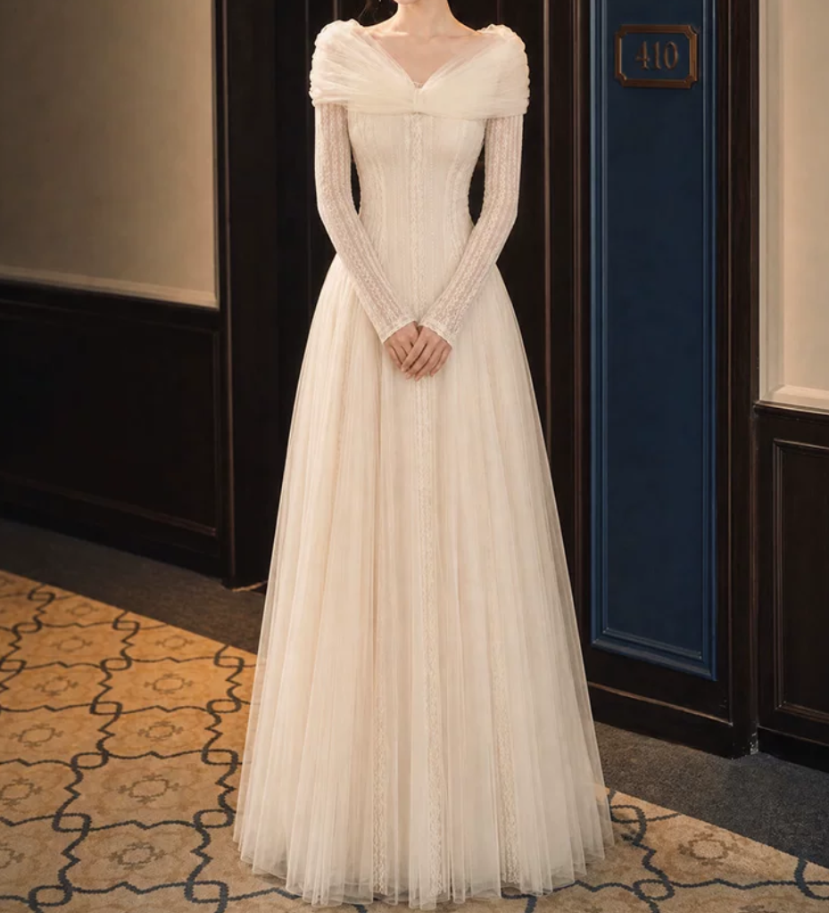 Lovely V Neck Lace Prom Dress Long Sleeve Tulle A-Line Evening Dress C9885