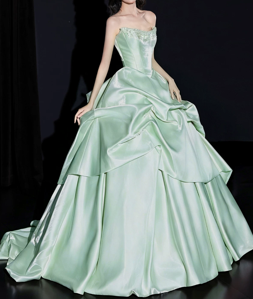 Gorgeous Strapless Green Prom Dress Beads Satin A-Line Evening Dress C9888