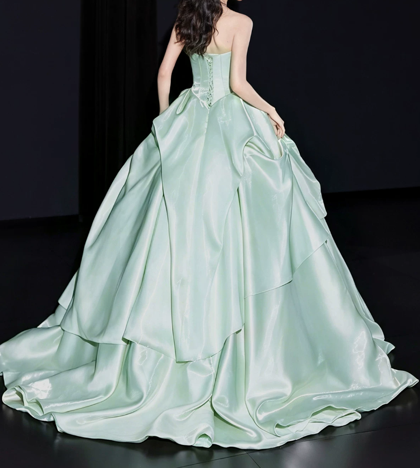 Gorgeous Strapless Green Prom Dress Beads Satin A-Line Evening Dress C9888