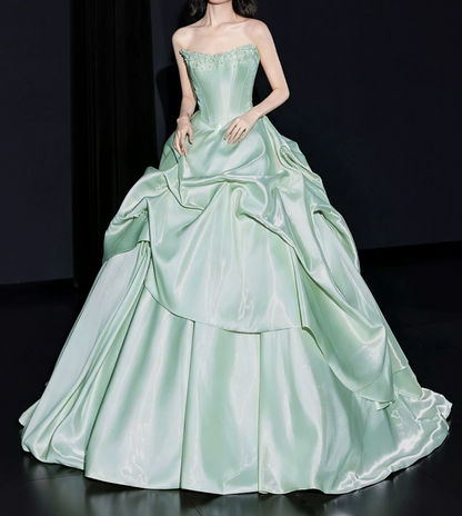 Gorgeous Strapless Green Prom Dress Beads Satin A-Line Evening Dress C9888