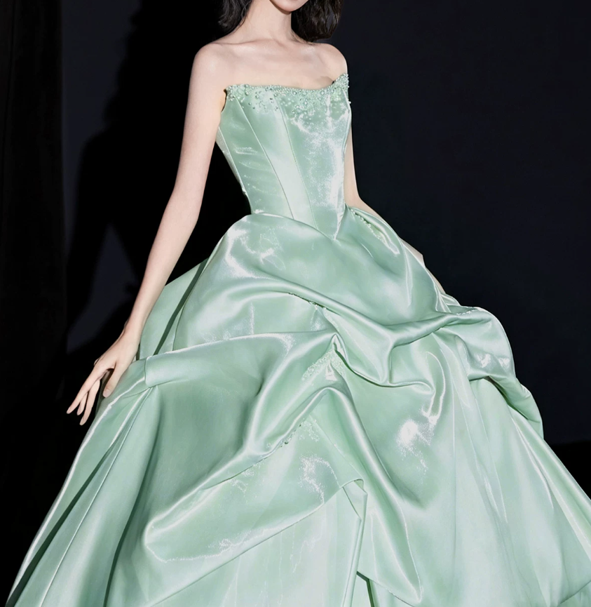 Gorgeous Strapless Green Prom Dress Beads Satin A-Line Evening Dress C9888