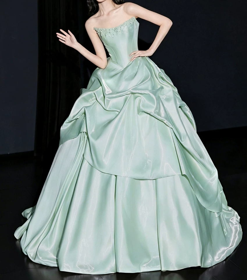 Gorgeous Strapless Green Prom Dress Beads Satin A-Line Evening Dress C9888