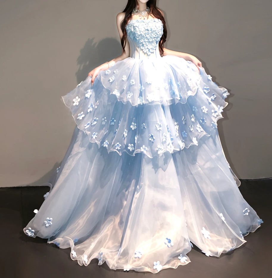 Romantic Strapless Appliques Prom Dress Blue Beads Tiered A-Line Evening Dress C9890