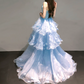 Romantic Strapless Appliques Prom Dress Blue Beads Tiered A-Line Evening Dress C9890