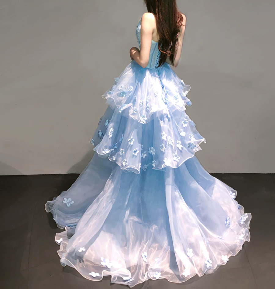 Romantic Strapless Appliques Prom Dress Blue Beads Tiered A-Line Evening Dress C9890
