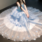 Romantic Strapless Appliques Prom Dress Blue Beads Tiered A-Line Evening Dress C9890