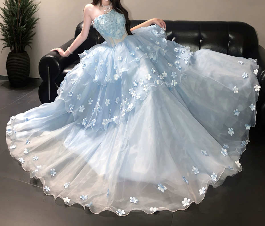Romantic Strapless Appliques Prom Dress Blue Beads Tiered A-Line Evening Dress C9890