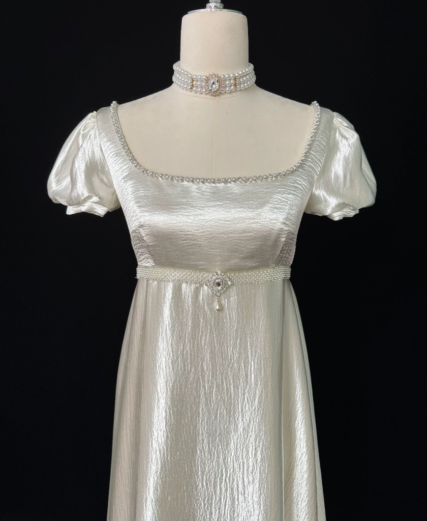 Alluring Square Neck Beads Prom Dress Ivory Satin A-Line Evening Dress C9891