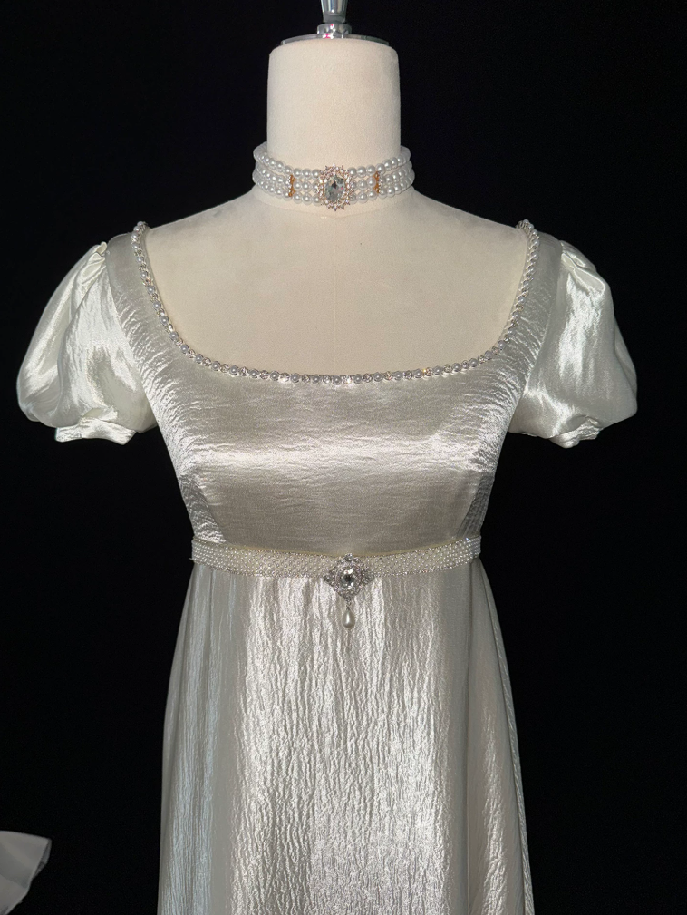 Alluring Square Neck Beads Prom Dress Ivory Satin A-Line Evening Dress C9891