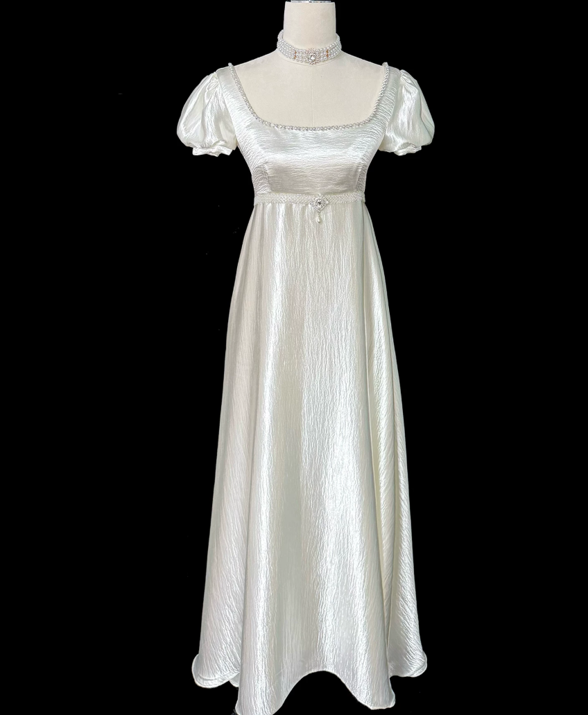 Alluring Square Neck Beads Prom Dress Ivory Satin A-Line Evening Dress C9891