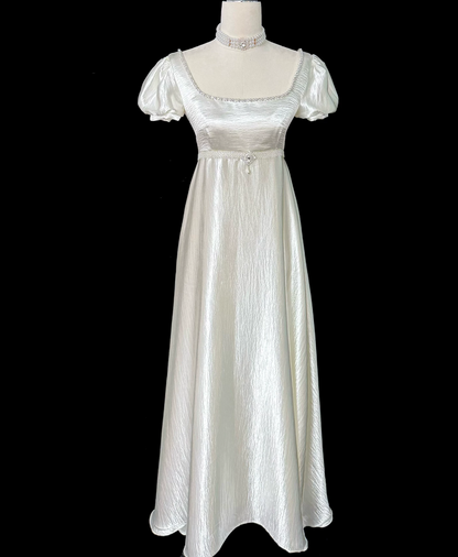 Alluring Square Neck Beads Prom Dress Ivory Satin A-Line Evening Dress C9891