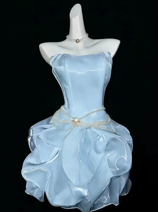Trendy Strapless Homecoming Dress Ruffles Satin A-Line Birthday Dress C9893