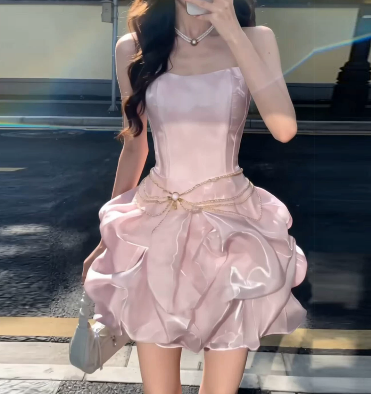 Mini robe de soirée en satin, sans bretelles, sans manches, ligne a, simple, C899