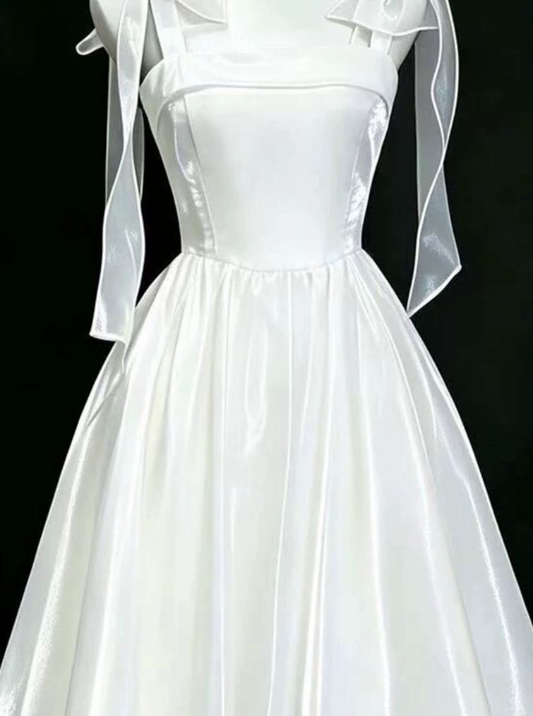 Enchanting Spaghetti Straps Prom Dress White Satin A-Line Evening Dress C9894
