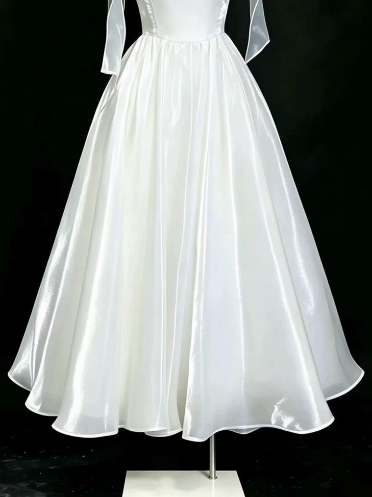 Enchanting Spaghetti Straps Prom Dress White Satin A-Line Evening Dress C9894