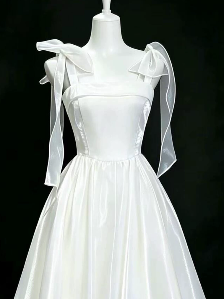 Enchanting Spaghetti Straps Prom Dress White Satin A-Line Evening Dress C9894