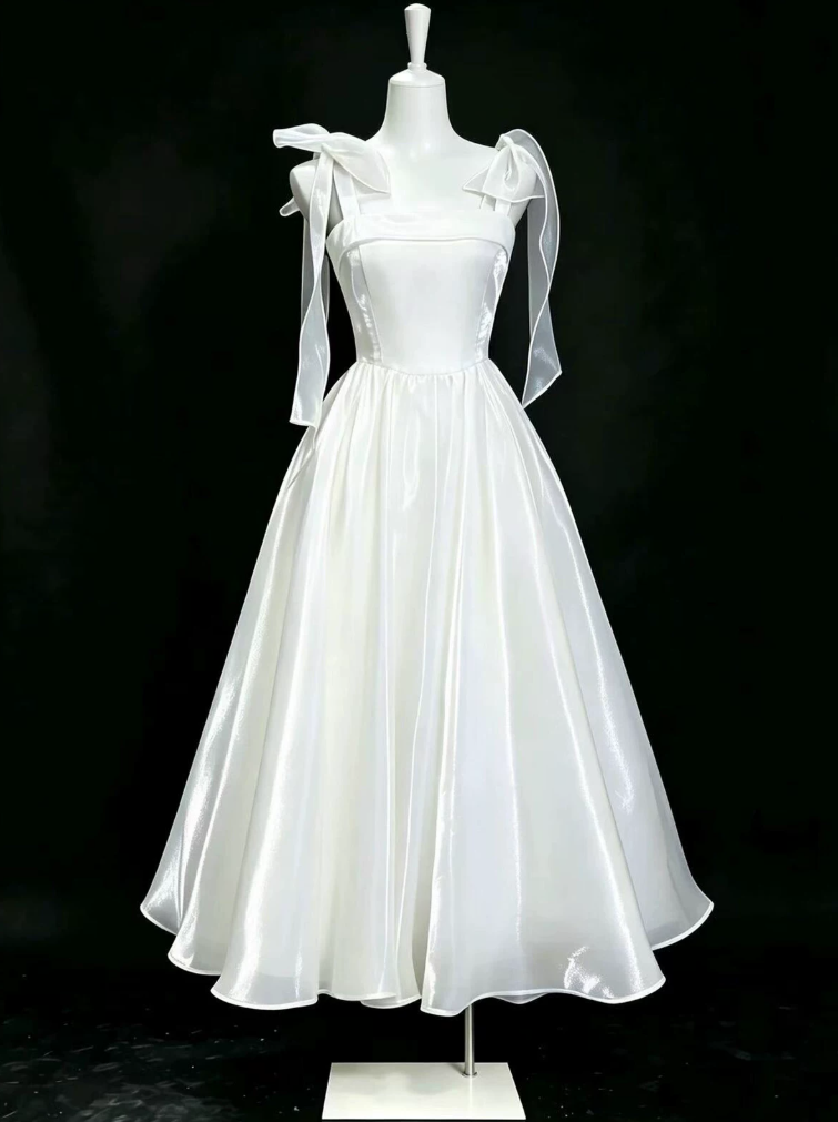 Enchanting Spaghetti Straps Prom Dress White Satin A-Line Evening Dress C9894