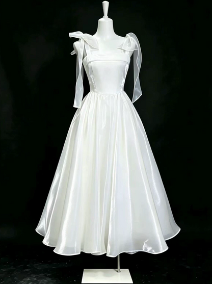 Enchanting Spaghetti Straps Prom Dress White Satin A-Line Evening Dress C9894