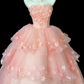 Dreamy Strapless Pink Ball Gown Appliques Beads Tiered Sweet 16 Dresses C9895