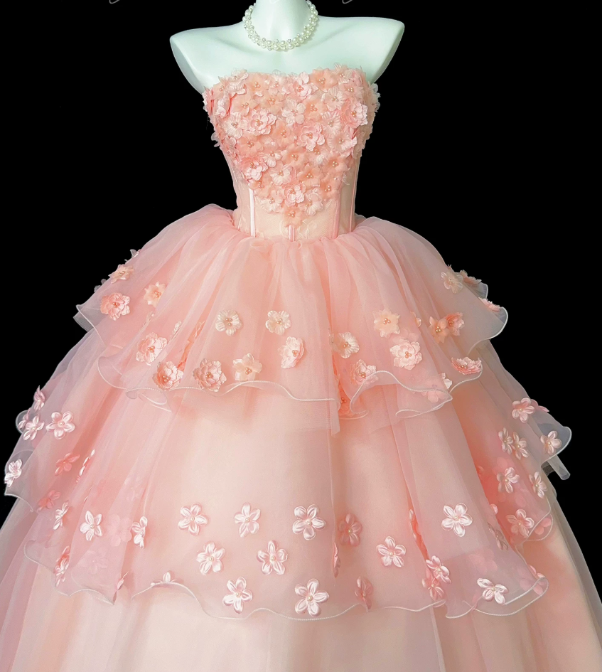Dreamy Strapless Pink Ball Gown Appliques Beads Tiered Sweet 16 Dresses C9895