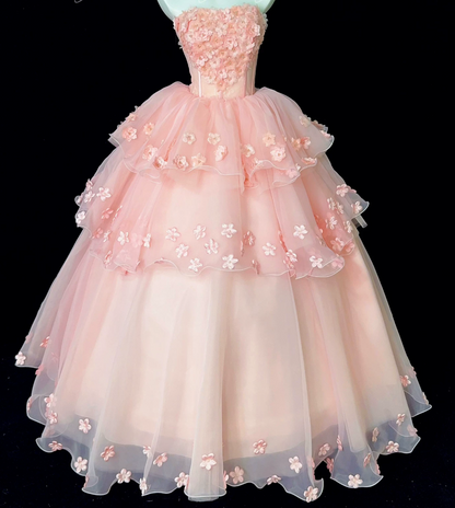 Dreamy Strapless Pink Ball Gown Appliques Beads Tiered Sweet 16 Dresses C9895