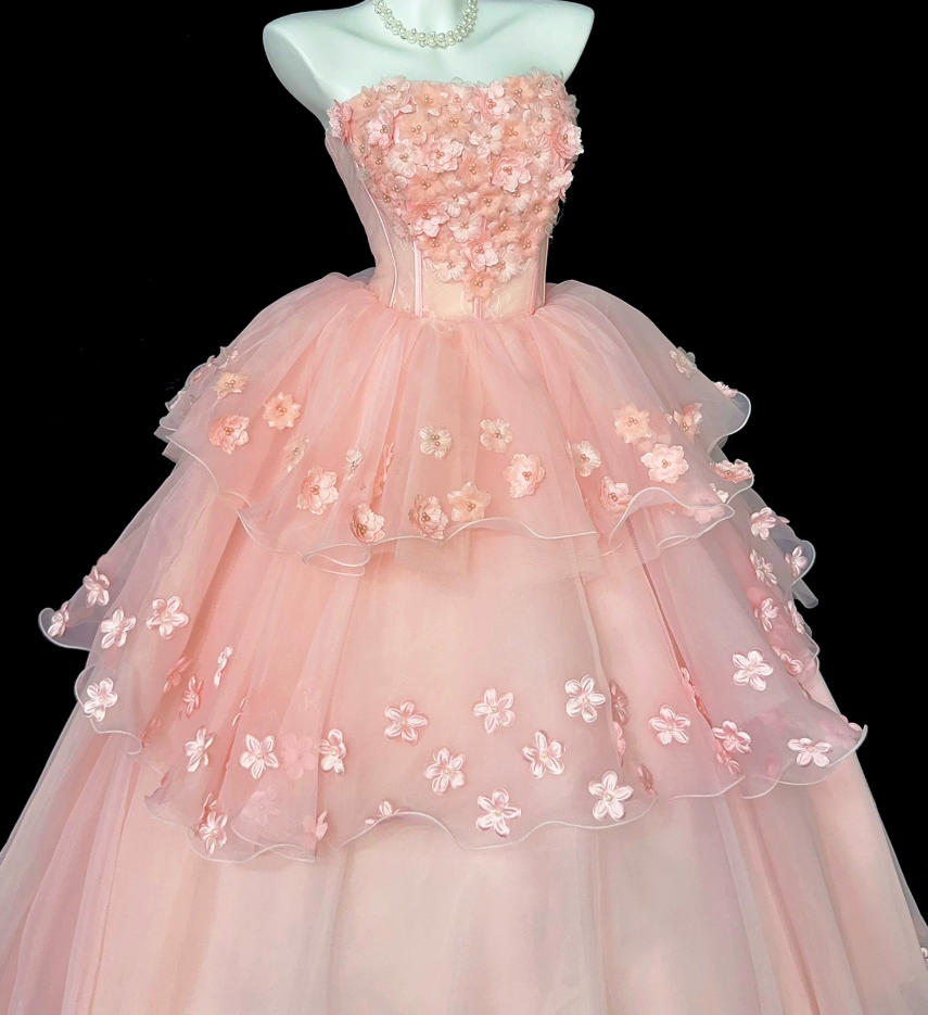 Dreamy Strapless Pink Ball Gown Appliques Beads Tiered Sweet 16 Dresses C9895