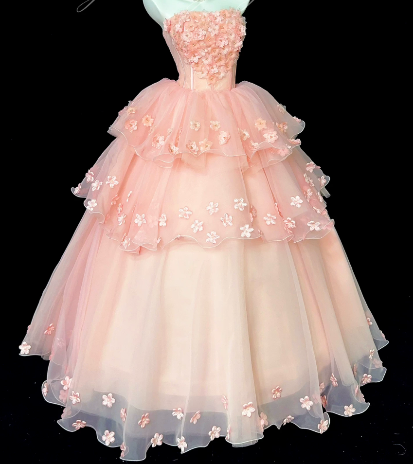 Dreamy Strapless Pink Ball Gown Appliques Beads Tiered Sweet 16 Dresses C9895